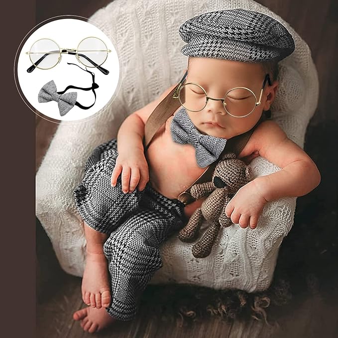 SPOKKI 4 Pcs Newborn Baby Photo Props, Lattice Rompers Suspender Pants with Beret Glasses Bow Tie for Infant Boys' Costumes, Newborn Boy Photography Outfit Set (Grey)