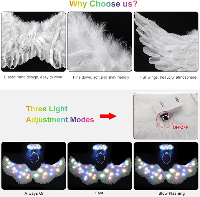 Angel Wings, Light Up Angel Wings and Halo with LED Lights, White Angel Wings Costume for Adult Women Kids Halloween Xmas