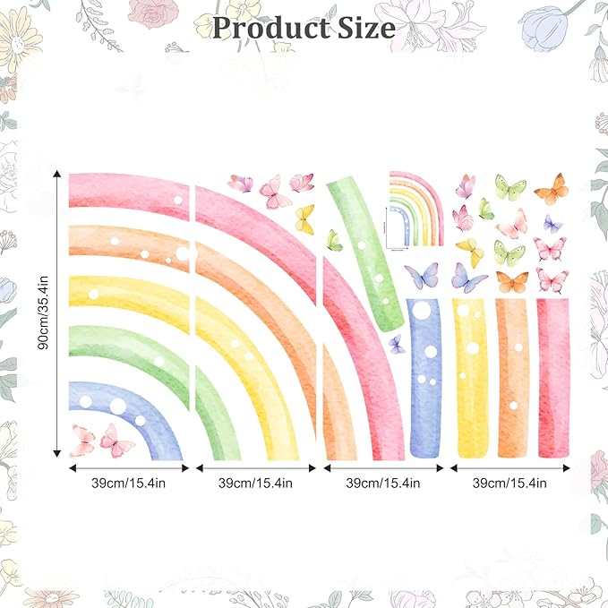 H53.9 Large Watercolor Rainbow Wall Decals, Half Rainbow Wall Stickers Peel and Stick Mural for Girls Boys Nursery Kids Room Home