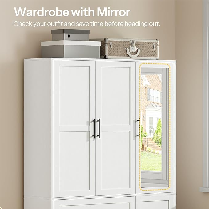 HOOBRO Armoire Wardrobe Closet with Mirror, Wooden Wardrobe Closet with 4 Doors and 2 Drawers, 70.9" Bedroom Armoire with Hanging Rod for Bedroom, Clothing Storage Closets, Adjustable Shelves, White