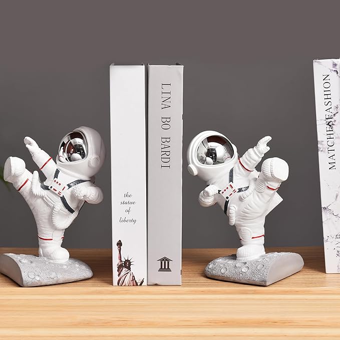 White Book Ends for Kids, Upgraded Astronaut Bookends Resin Spaceman Book Holders for Shelves Sturdy Book Stopper Book Ends to Hold Books Unique Outer Space Book Shelf Ends(F2-Silver Color)