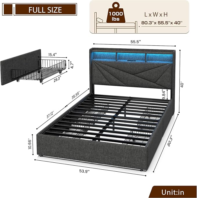LED Full Size Bed Frame with 4 Storage Drawers, Upholstered Full Bed Frame with 2-Tier Headboard and Charging Station, No Box Spring Needed, Easy to Assembly - Dark Grey