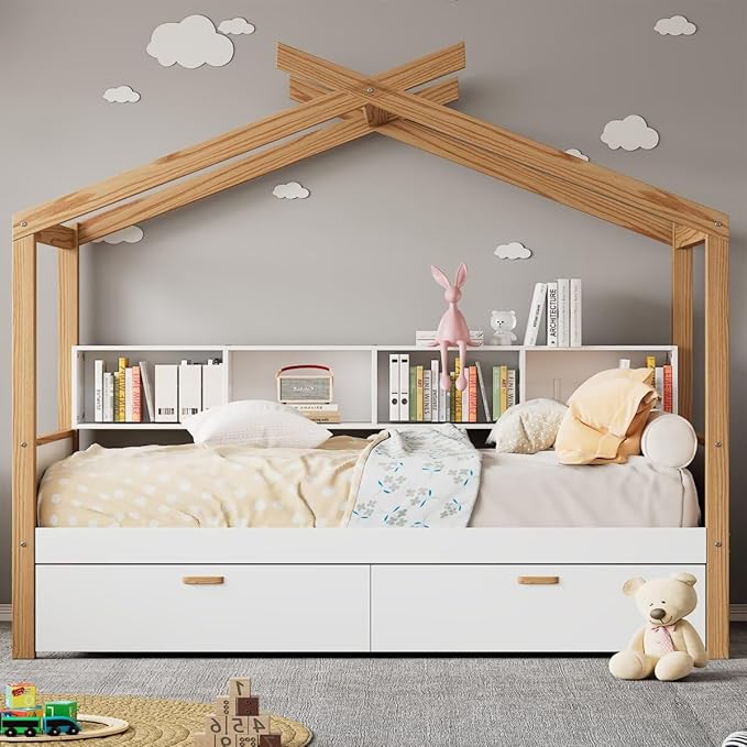 Full Size Wooden House Bed with Two Drawers and Bookshelf Storage Space, Original Wood Colored Frame with Roof and Slats Support for Kids Teens Girls Boys Bedroom (White+Drawers, Full)