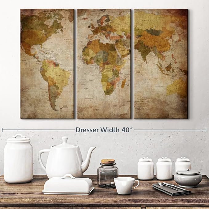 ElephantStock World Map Multi Piece Canvas - 3 Piece Canvas World Map Wall Decor - Wall Decor - Ready-to-Hang Print - Vintage Wall Art - 33" X 20"