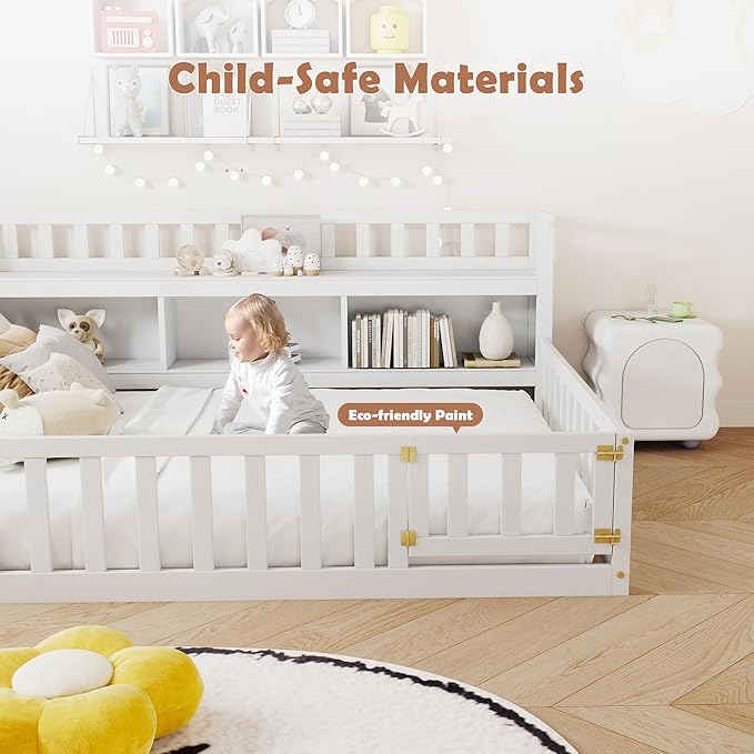 mikibama Twin Size Floor Bed with Side Bookcase and Shelves, Montessori Floor Bed with Guardrails for Bedroom, Wood Full Floor Bed Frame with Storage for Girls, Boys, White