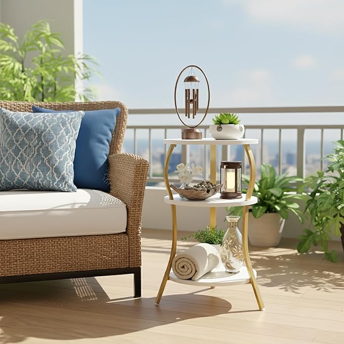 Small Round Side Table with Charging Station, 3-Tier Waist Circular End Table with Storage Shelf, Compact Tea Sofa Side Table Small Spaces, Round Corner Coffee Table for Living Room Bedroon,White+Gold
