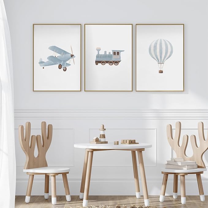 Blue Hot Air Balloon Plane Train Prints Wall Art Decor Vintage Travel Boy Nursery Wall Art Watercolor Toddler Art Blue Hot Air Balloon Plane Train Prints Bedroom Home Decor Nursery No Frame 12x16inch