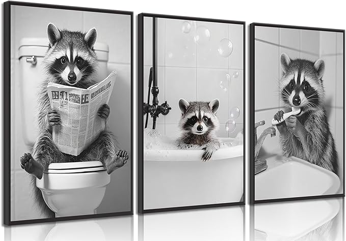 Funny Raccoon Bathroom Canvas Wall Art Black and White Cute Raccoon Sitting on Toilet Poster Print Artwork Humor Adorable Animals Pictures Wall Decor for Washroom Restroom laundry 12x16in Unframed