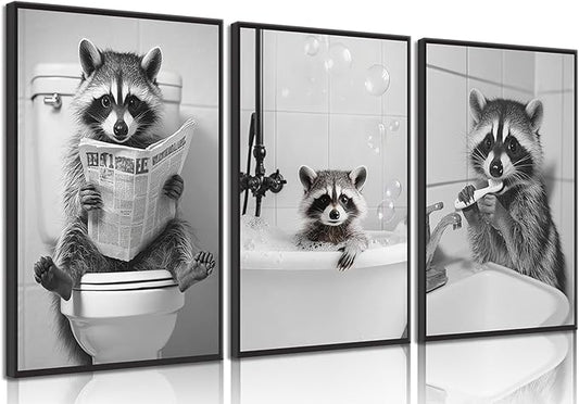Funny Raccoon Bathroom Canvas Wall Art Black and White Cute Raccoon Sitting on Toilet Poster Print Artwork Humor Adorable Animals Pictures Wall Decor for Washroom Restroom laundry 16x24in Unframed