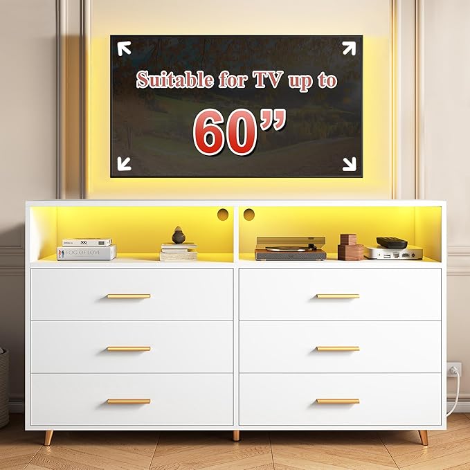 EnHomee White Dresser with LED Lights, 6 Drawers & 2 Open Shelves Top Dresser for Bedroom, Wood Chests of Drawers