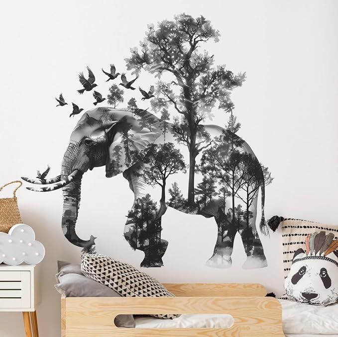 2 Sheets Forests Silhouette Animals Wall Decals - Removable Wild Elephant Tree & Birds Wall Art Decor for Children's Nursery & Living Room