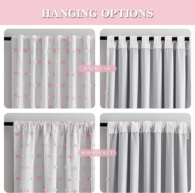 MYSKY HOME 100% Blackout Curtains for Living Room Extra Long White Curtains 102 Inch Length Total Room Darkening Girls Room Drapes Thermal Insulated Pink Pom Pom Sheer Back Tab 2 Pieces 52 Wide