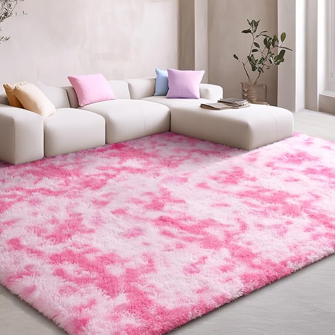 EVOIONOS Area Rug for Bedroom Living Room, Machine Washable 4x6 Fluffy Shag Rug, Soft Plush Non Slip Carpet for Indoor Floor Bedside Nursery Girls Kids Room Dorm, Home Decor Aesthetic, Tie-Dyed Pink