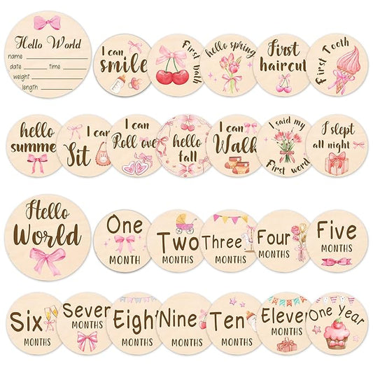 Baby Monthly Milestone Cards Sign - 13 Pcs Double Sided Baby Announcement Signs Bow, Pink Bow Wooden Milestone Circles Discs for Photo Props, Birth Announcement Marker Girl, Babies Welcome Card Gift