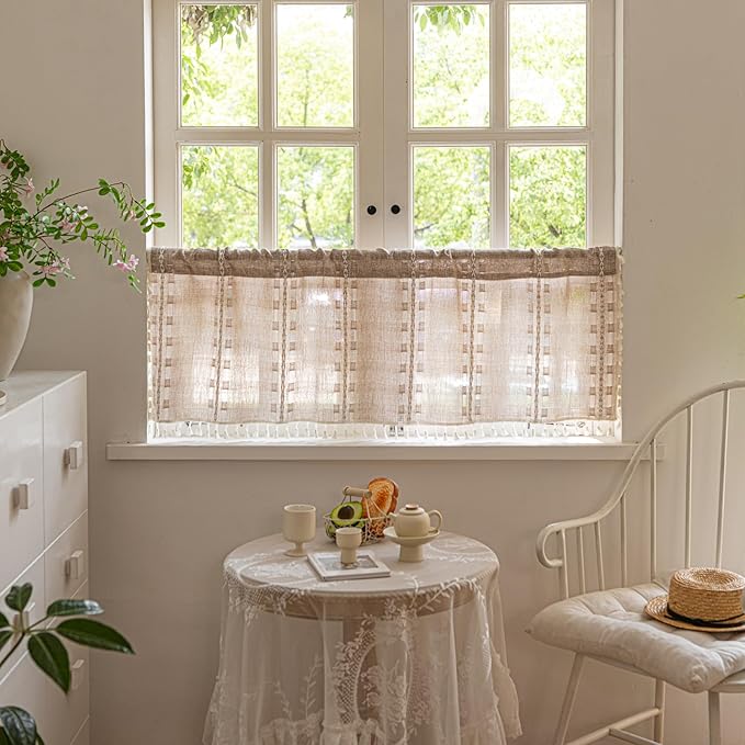 Deeprove Boho Valance Kitchen Short Curtain with Tassel, Textured Striped Drape Tier Embroidered Shabby Chic Linen Coffee Window Treatment for Cafe Closet, W52 x L18 inch Rod Pocket 1 Panel Natural