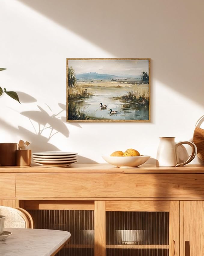 ARPEOTCY Vintage Framed Canvas Wall Art, 12x16inch, Farmhouse Mallard Duck Pond Wall Decor, Country Art Prints Home Decorations, Landscape Paintings for Living Room Bedroom Shelf Decor