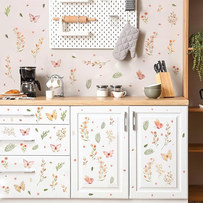 Boho Flower Wall Sticker Small Floral Wall Decals Peel and Stick Wildflower Leaf Sticker Removable Watercolor Girls Room Decal Flower Butterfly Decals for Nursery Baby Room Bedroom Decor