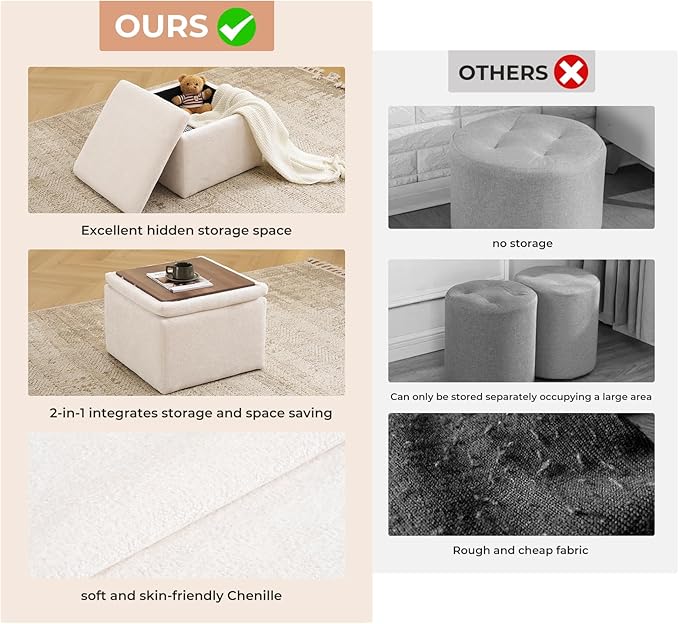 Cube Storage Ottoman, Chenille Ottoman Foot Stools, Ottoman Footstool with Removable Lid, Storage Ottoman for Chair, Multi-Functional Footrest, White
