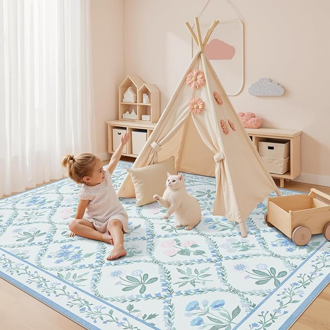 4x6 Rugs for Bedroom Girls, Boho Blue Floral Washable Area Rug Non Slip, Soft Indoor Cute Decor Elegant Carpet for Kids Room Nursery Dorm Living Room Dining Room, Blue Multi