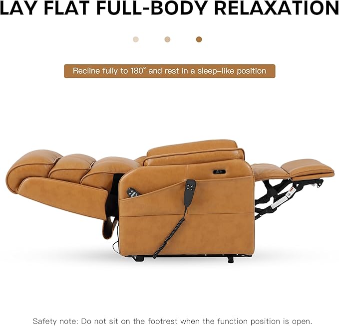 DYNOX 300 LBS Power Lift Recliner Chair for Elderly, Small Size Dual Motor Lay Flat Infinite Positions Recliner with Heat, Massage & USB Charging Port (9188S,Genuine Leather,Camel)
