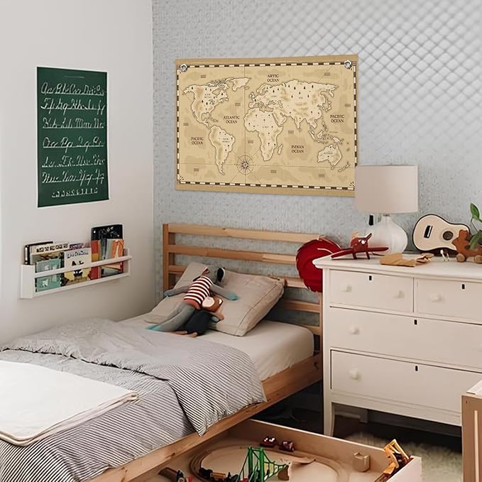 Wheatwin World Map Wall Art Banner for Kids 20x30, Vintage World Maps for Wall, World Map Cute Animal Educational Tapestry Wall Hanging Canvas Wall Decor Banner Flag Decor for Kids Room Playroom Classroom