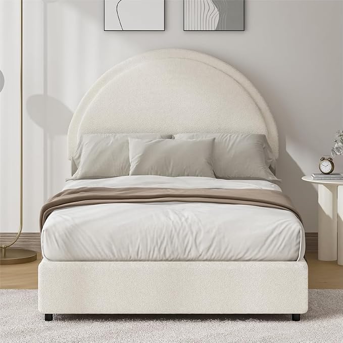 Twin Size Bed Frame, Boucle Upholstered Platform Bed with Headboard, Cloud Bed Frame with Soft Rounded Corners, No Box Spring Required, Easy Assembly, White