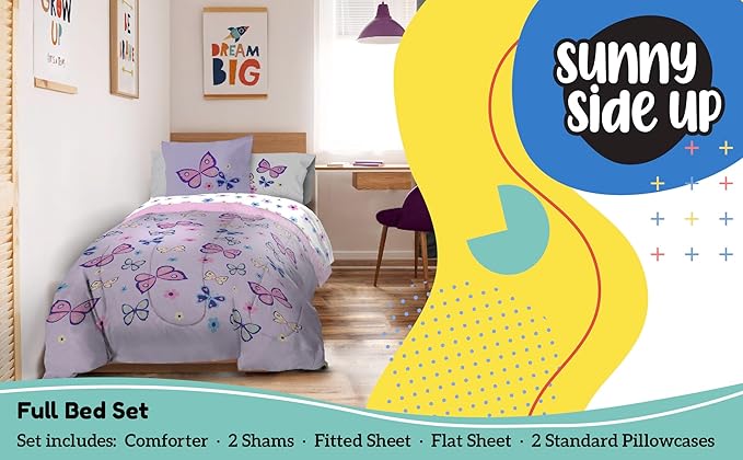 Sunny Side Up Butterfly Full Comforter Set - 7 Piece Kids Bedding Includes Comforter, Sheets & Pillow Cover - Super Soft Purple Floral Microfiber Bed Set