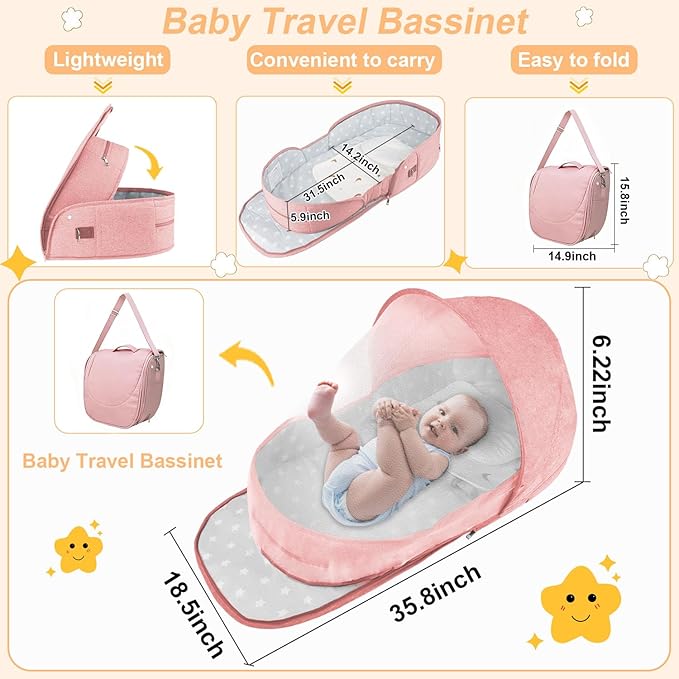 Portable Bassinet for Baby,Baby Bassinets Bedside Sleeper for Travel & Home,Foldable Bedside Crib with Breathable Mesh,Lightweight with Carry Bag & Storage Pocket,Safe Cosleeping Design for Infant
