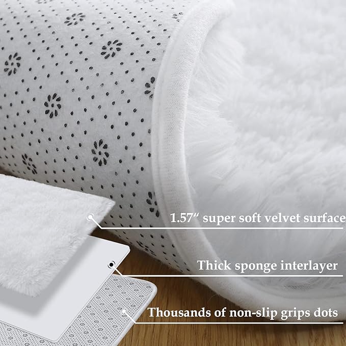 Merelax Soft Modern Indoor Large Shaggy Rug for Livingroom Bedroom Dorm Kids Room Home Decorative, Non-Slip Plush Fluffy Furry Fur Area Rugs Comfy Nursery Accent Floor Carpet 6x9 Feet, White
