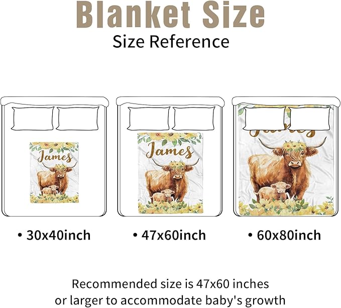 Personalized Crib Bedding Set for Girls, Custom Baby Crib Sets with Name, Yellow Flower Highland Cow Design Nursery Bedding 2 Piece - Soft Blanket with Double Layer Dotted Backing, Crib Fitted Sheet