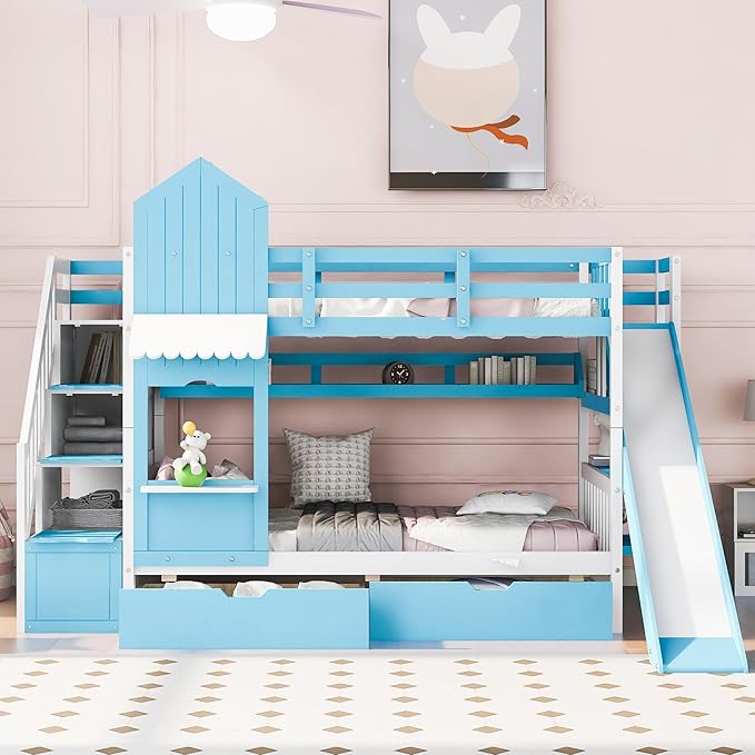 Twin-Over-Twin Castle Style Bunk Bed with 2 Drawers and 3 Shelves, Wooden Bunk Bed Frame and Storage Staircase