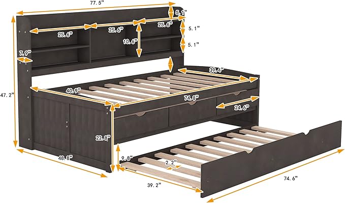 Harper & Bright Designs Twin Size Captain Bed with Built-in Bookshelves/3 Storage Drawers/Trundle, Wooden Twin Daybed Bed Frame for Kids Teens Dorm Bedroom Multipurpose Guest Room, Antique Gray
