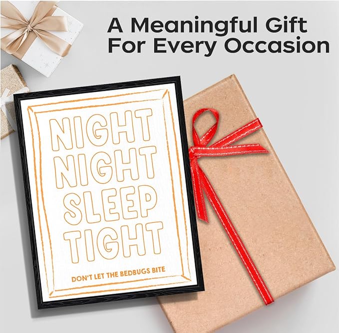 Bedtime Quote Wall Art, sleep tight message, playful kids wall decor, matte finish framed canvas print, nursery poster artwork, for nursery kids room birthday gift, 12x15 inch