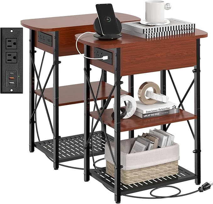 Livofloral Narrow Side Table with Charging Station, End Tables Set of 2 for Small Spaces, Flip Top End Table with Storage, Side Tables Set 2 Living Room, Nightstand with Drawer for Bedroom, Cherry