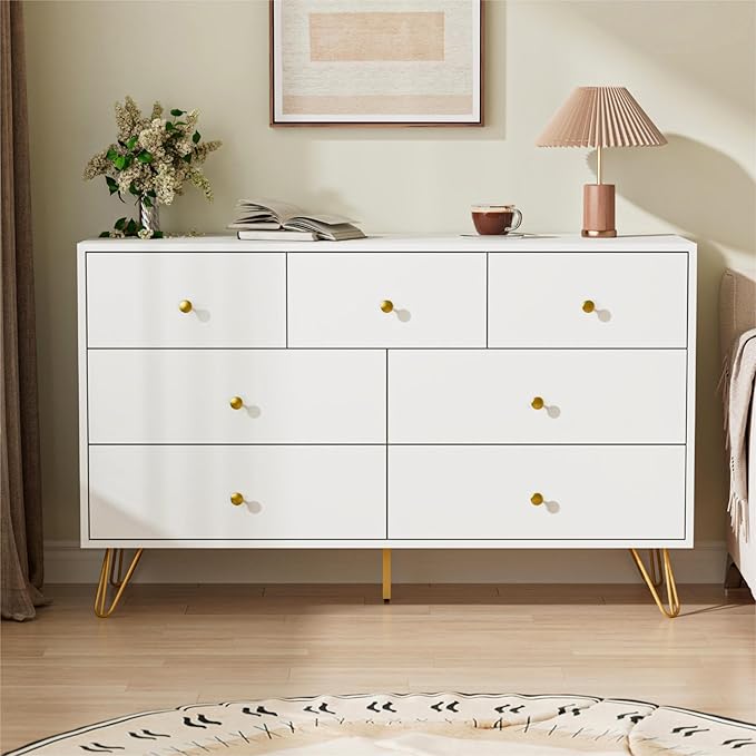 White Dresser for Bedroom, Modern 7 Drawer Dresser with Gold Handles and Metal Legs, White and Gold Dressers & Chest of Drawers for Hallway, Entryway