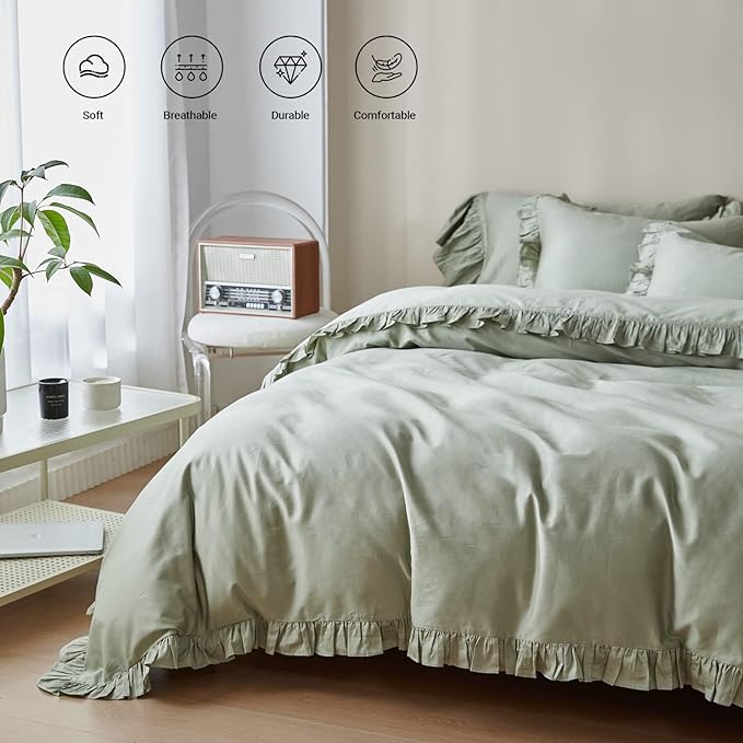 Simple&Opulence Kids 100% Organic Cotton Twin Duvet Cover Ruffle 2Pcs(1 Comforter Cover 1 Pillowcase) Cute Lace Vintage Boho Shabby Chic Farmhouse Bedding Set Teen Girls(Sage Green, Twin)