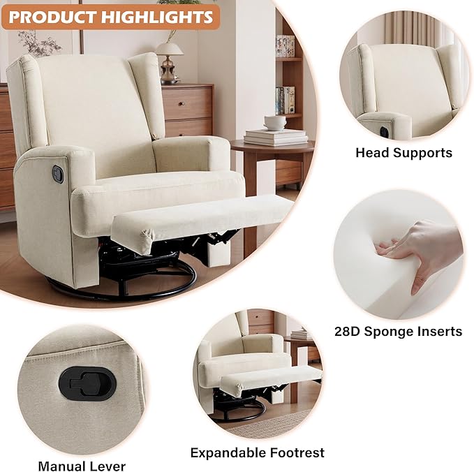 UIXE Swivel Glider Recliner Chairs Set of 2, Fabric High Back Accent Chair Nursery Rocker for Living Room, Upholstered Manual Reclining Sofa Seating with Deep Seat - Beach