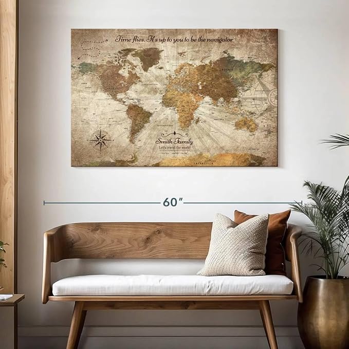 ElephantStock - Personalized Be The Navigator I Push Pin World Map Wall Art - Horizontal Canvas Wall Art - Living Room Wall Decor - Digital Art Map Canvas Art - Brown And Beige Decor - 48" x 32"