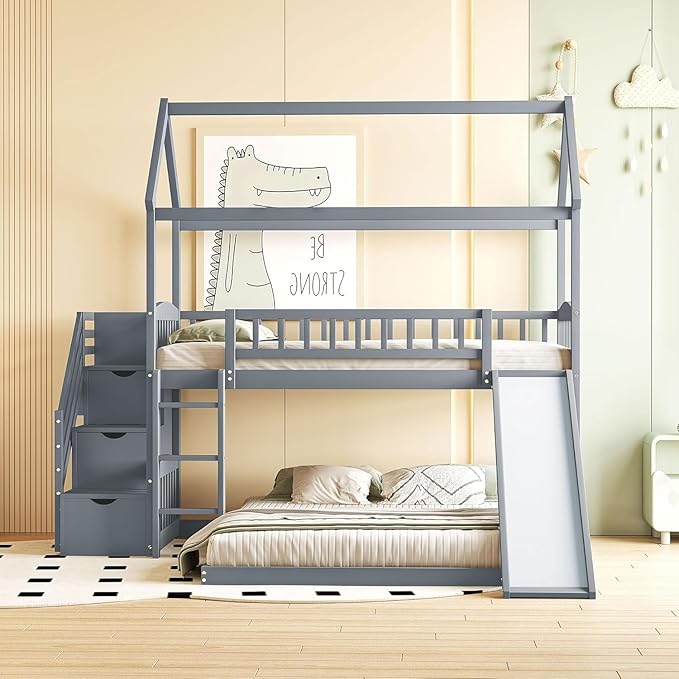 MERITLINE Twin Over Full L Shaped Bunk Bed for 2,Solid Wood House Floor Bunk Bed with Slide and Storage Stairs,No Box Spring Needed (Grey)