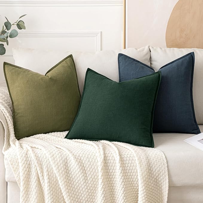 MIULEE Christmas Decorative Linen Pillow Covers 18x18 Inch Dark Green Boho Farmhouse Neutral Couch Throw Pillows for Bed Pack of 2 Accent Modern Pillowcase Sofa Livingroom Home Decor