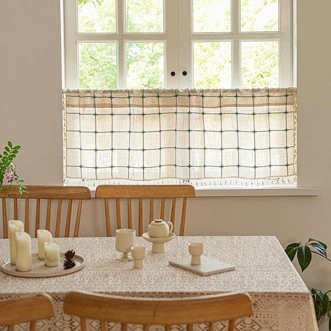 Deeprove Boho Curtain Valance 18 Inches Length Bohemian Lattice Gingham Textured Embroidery Plaids, Vintage Chic Tassels Casual Easter Decor Drapes Rod Pocket, 1 Panel W52 x L18 Beige Turquoise
