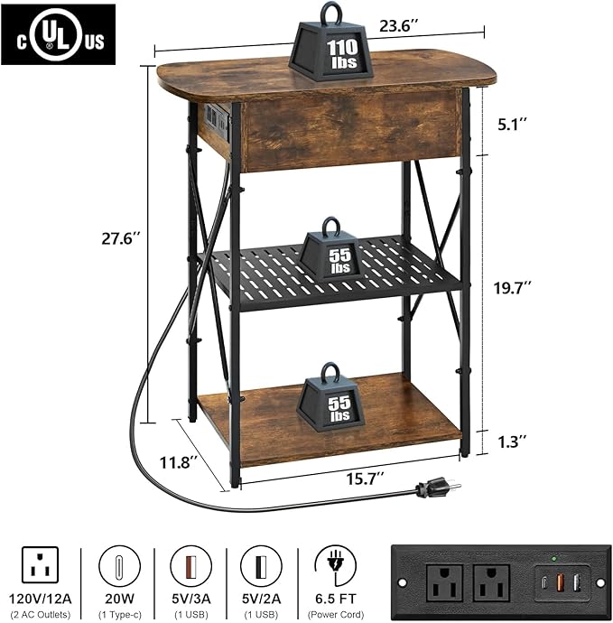 Livofloral Narrow End Table with Charging Station, Side Table with 3 USB Ports and 2 AC Outlets, Flip Top End Table with Storage, Nightstand with Drawer, Side Tables Living Room, Bedroom, Brown