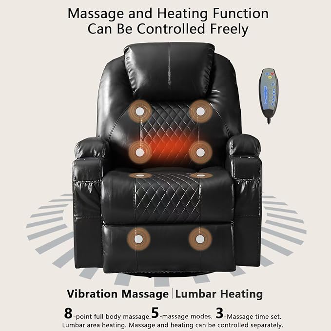 Power Swivel Rocker Recliner Chair with Massage and Heat/LED Lights/USB and Type-C Ports/Infinite Position/Cup Holder, Electric Glider Reclining Sofa for Nursery Living Room (2, Black)