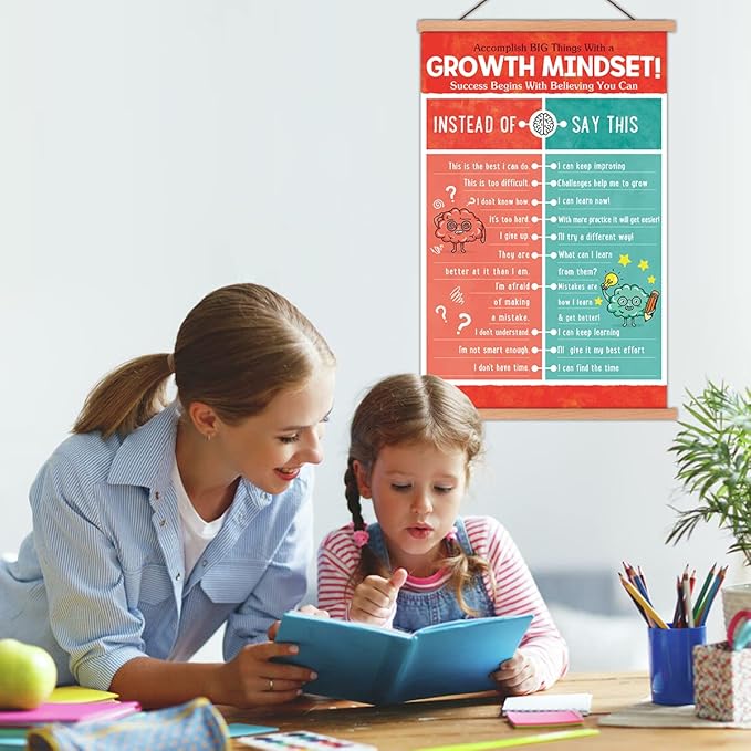 KAIRNE Kids Growth Mindset Poster Educational Classroom Poster With Wood Magnetic Hanger,Motivational Quote Canvas Wall Art(35X56CM) Students Positive Art Print For Kids Playroom Classroom Decor