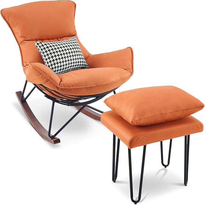 MCombo Modern Rocking Chair, Upholstered Glider Rocker Nursery Accent Chair with Ottoman, Comfy Reading Chairs for Living Room Bedroom Offices HQ203 (Orange)