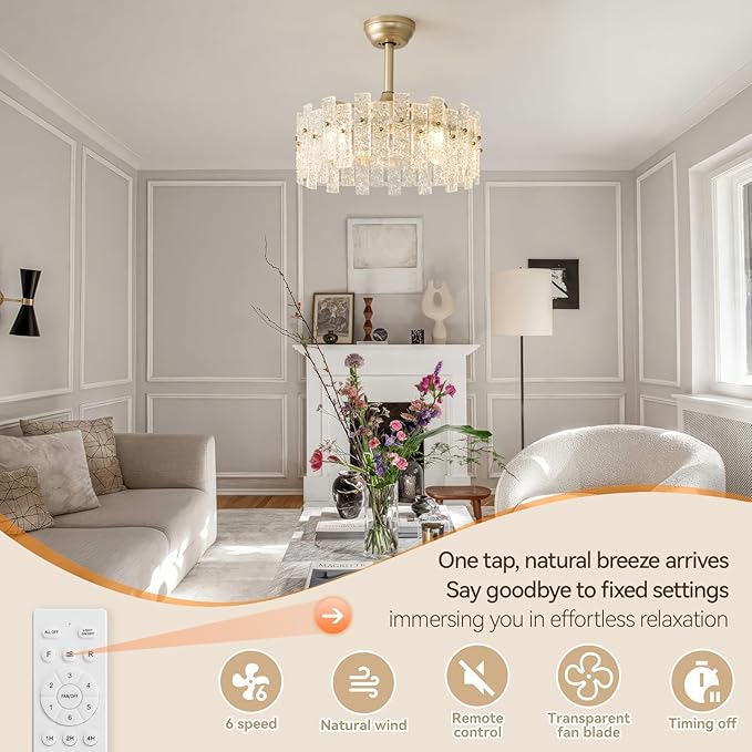 20" Gold Fandelier Ceiling Fan with Lights, Gold Crystal Chandelier Ceiling Fans with Light Remote Control, Modern Caged 6-Speed for Bedroom, Living Room, Nursery