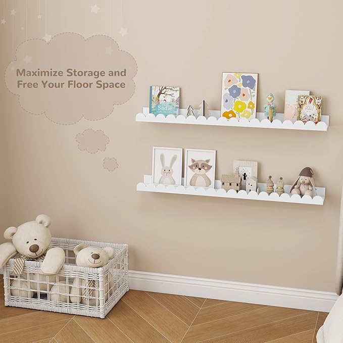 Fun Memories 36 Inch Scalloped Nursery Shelf, White Picture Ledge for Wall, Set of 2, Kids Book Shelves with Floating Design for Kids Rooms, Bedroom