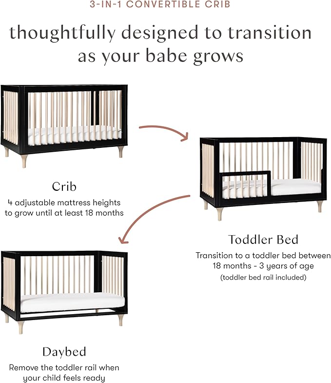 Babyletto Lolly 3-in-1 Convertible Crib with Toddler Bed Conversion Kit in Black and Washed Natural, Greenguard Gold Certified