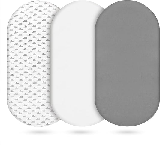3-Pack Cotton Muslin Bassinet Sheets - Fitted Elastic Mattress Cover for Baby Boys & Girls, Breathable Bedside Bassinet Sheets Neutral Colors (Fits Oval & Rectangle Shape) (Gray)