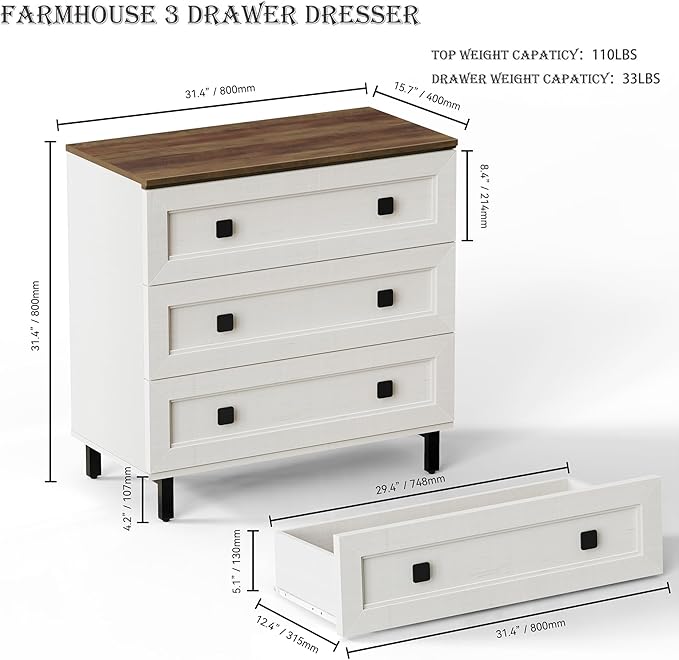 Modern White Dresser for Bedroom with 6 Drawers, 2 in 1 Wooden Chest of Drawers with Organizer Storage for Bed Room,Livingroom Hallway